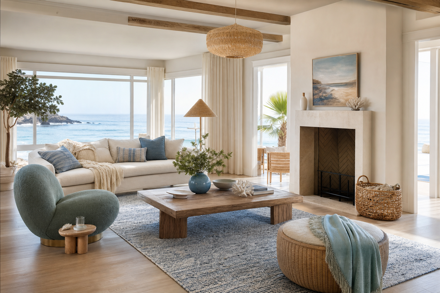 coastal living room ideas shown in a bright coastal living room with Resin Society furniture and decor context