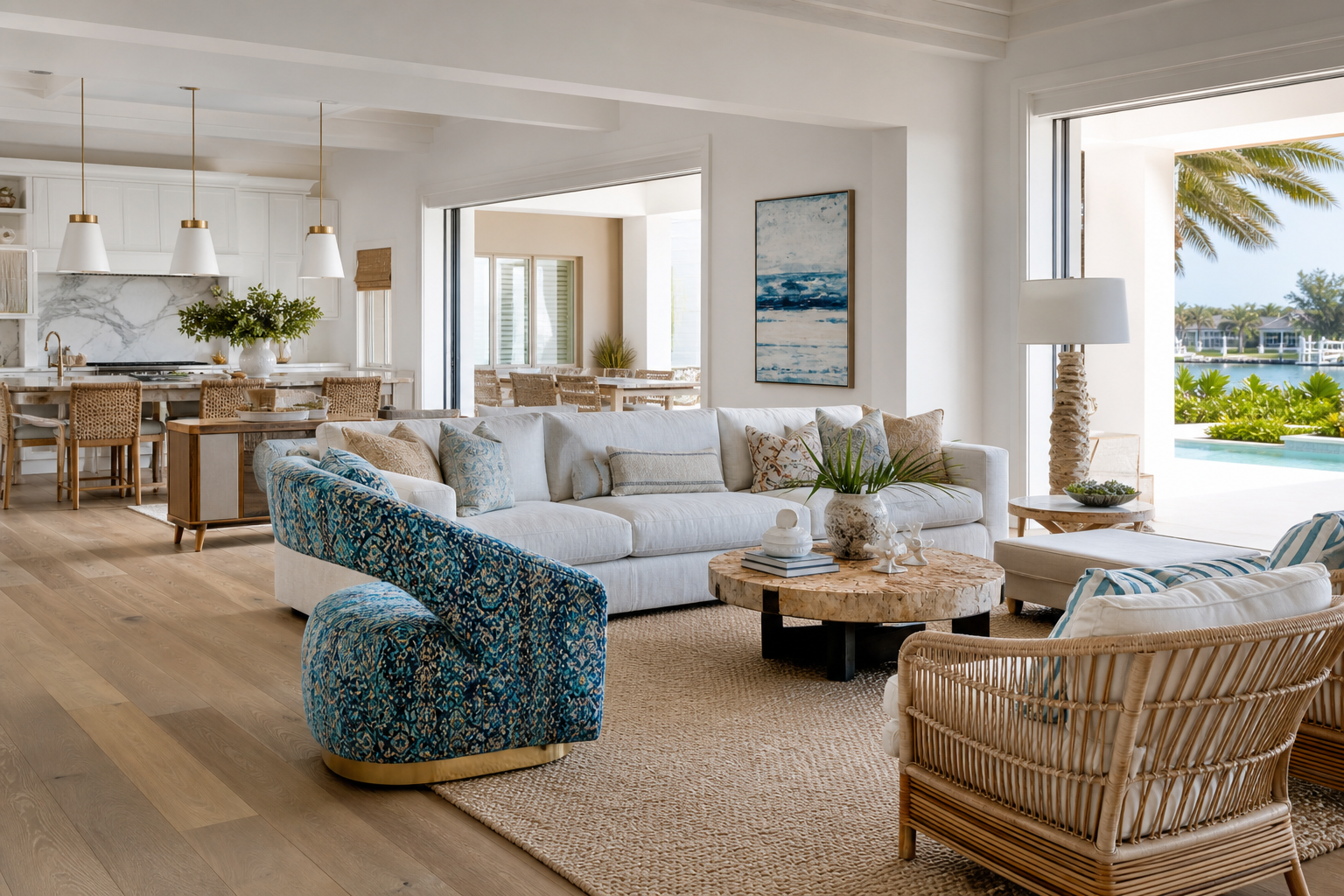 coastal living room layout shown in a bright coastal living room with Resin Society furniture and decor context