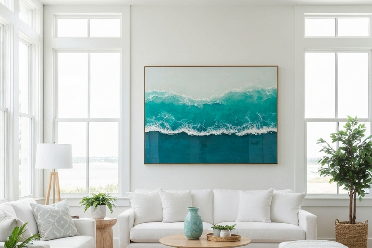 coastal resin art shown as large ocean-inspired resin wall art in a bright coastal living room above a sofa