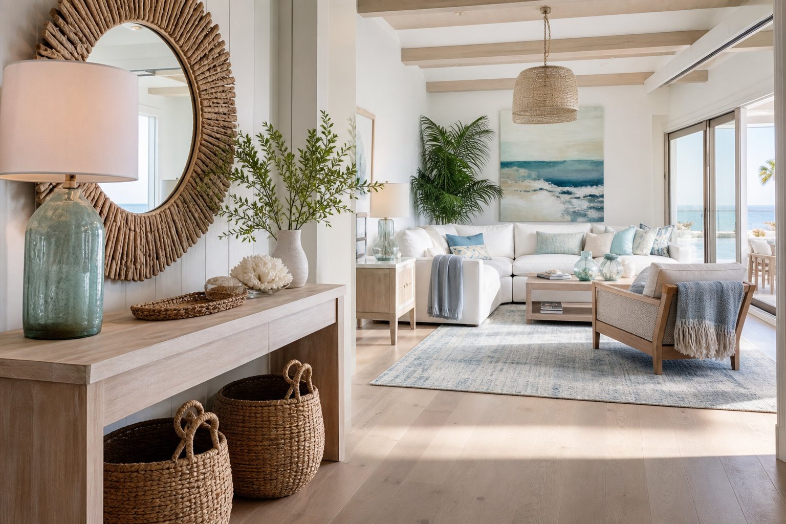 coastal rug ideas white sofa shown in a bright coastal living room with Resin Society furniture and decor context