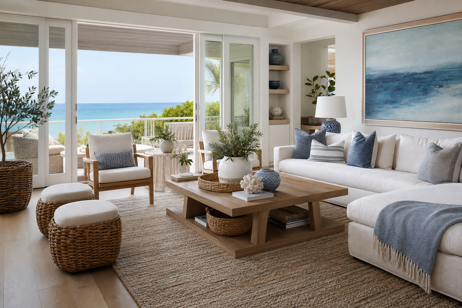 coffee table styling ideas shown in a bright coastal living room with Resin Society furniture and decor context