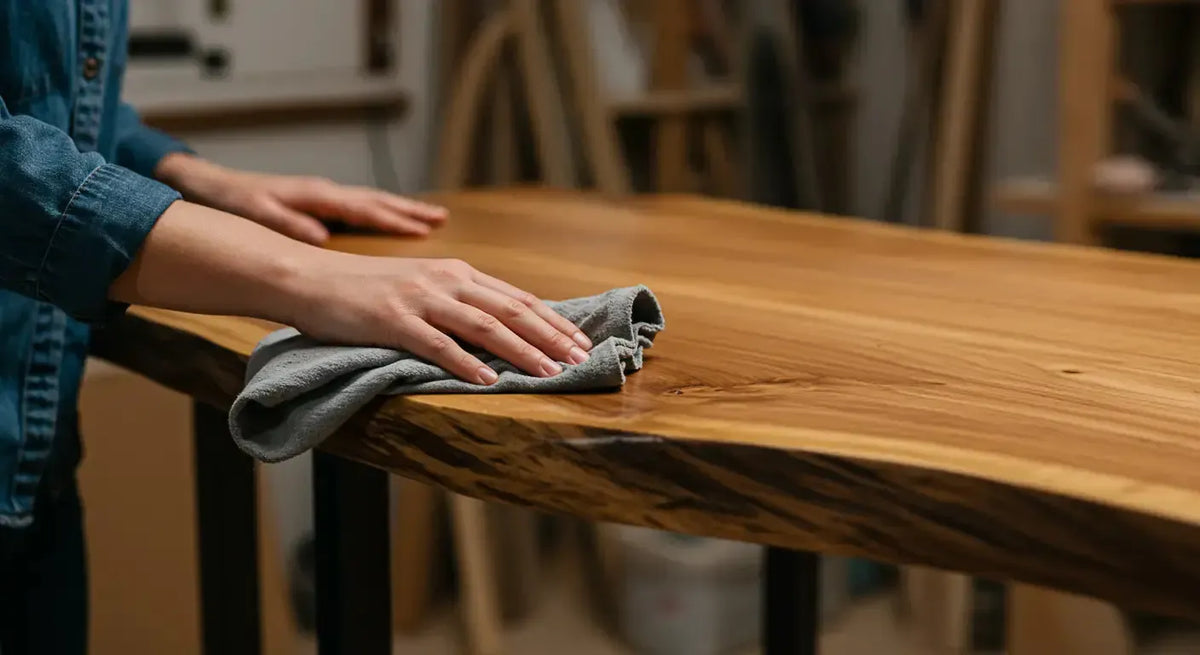 Hands wiping a live-edge wooden tabletop with a gray cloth in a woodworking shop.