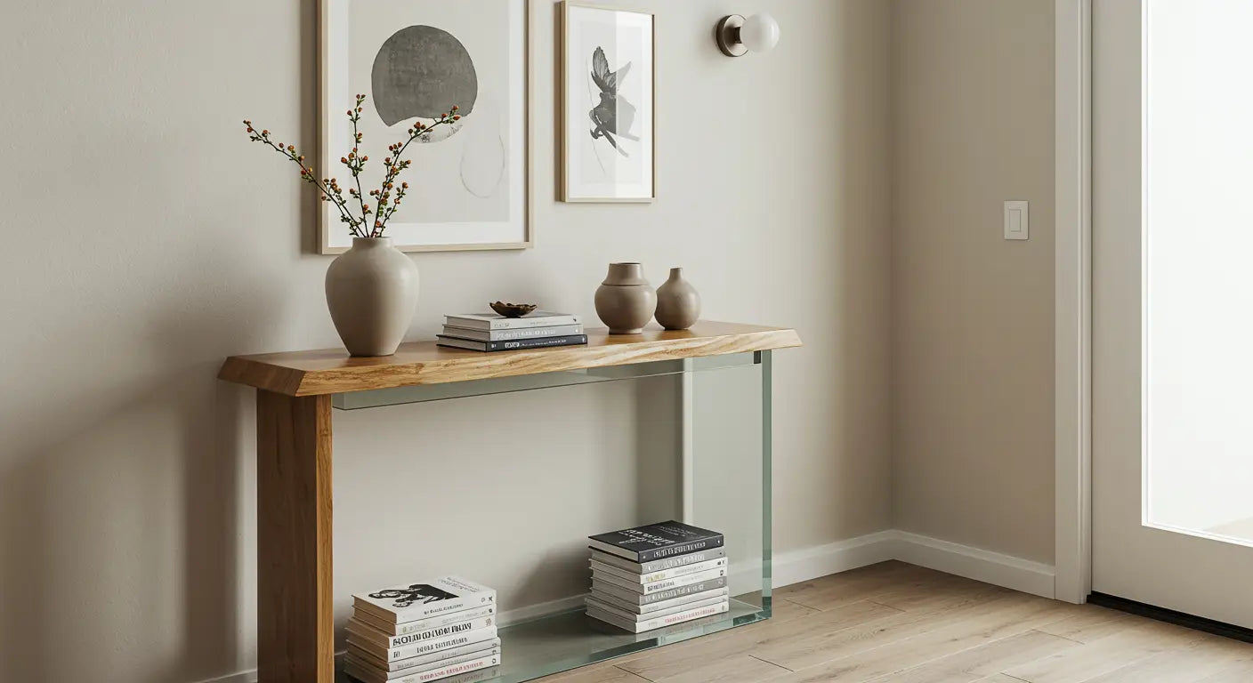 modern home entrance with a live edge wood and resin console table, light neutral walls, soft natural lighting, ceramic vase, stacked books, and wall-mounted art