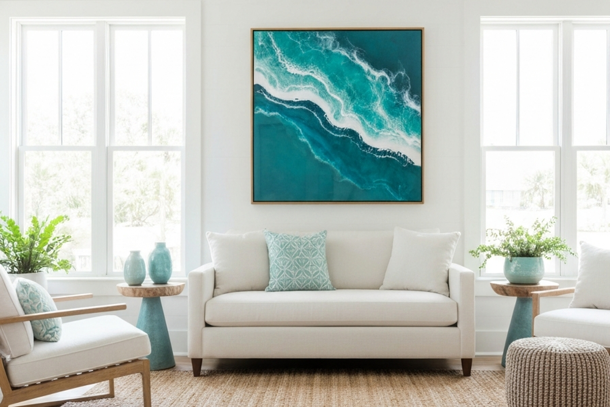 epoxy wall art shown as large ocean-inspired resin wall art in a bright coastal living room above a sofa