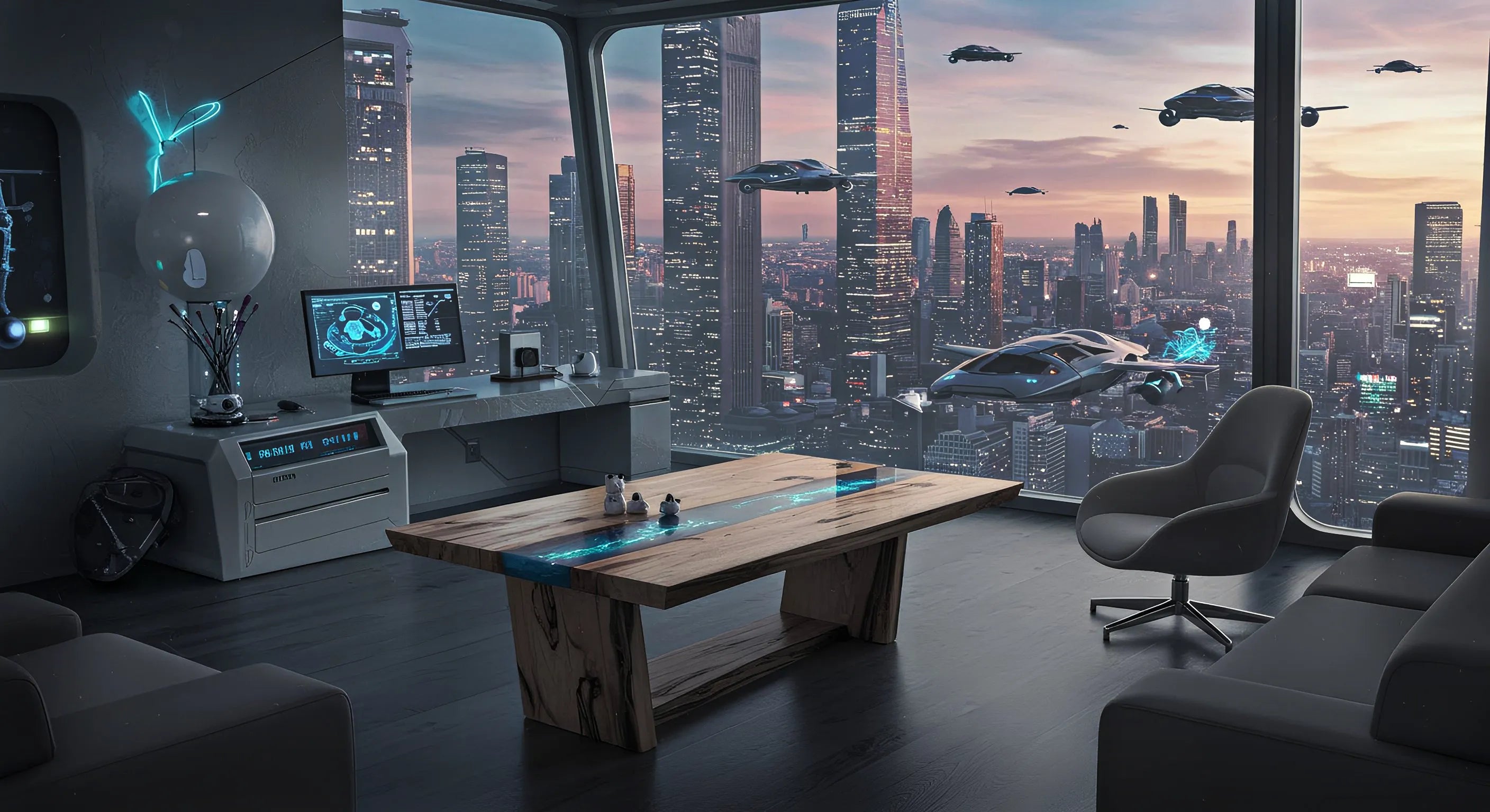a epoxy coffee table in a futuristic home with a view of a technologically advanced city full of flying cars and futuristic designs.  The image represents that epoxy tables are not just a fad, but rather a trend that will stay well into the future.