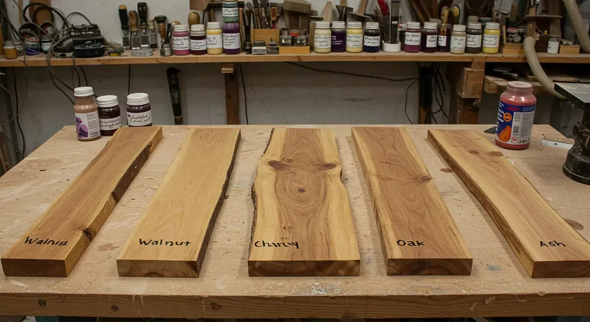 Five wood samples with different grain patterns laid out on a workshop bench beneath shelves of finishing products.