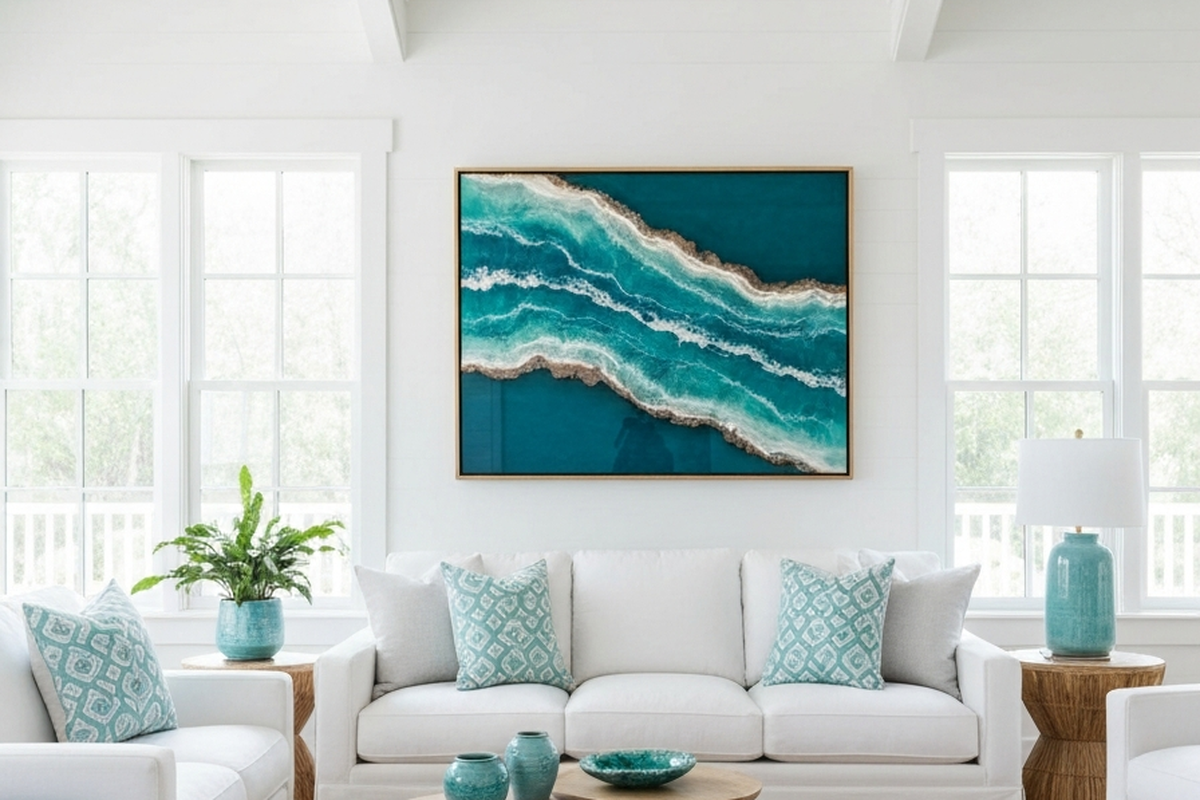 geode resin wall art shown as large ocean-inspired resin wall art in a bright coastal living room above a sofa