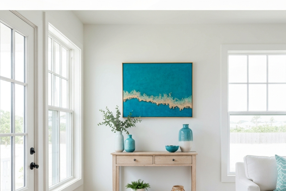 handmade resin wall art shown as blue resin wall art above a pale wood console in an airy coastal entryway