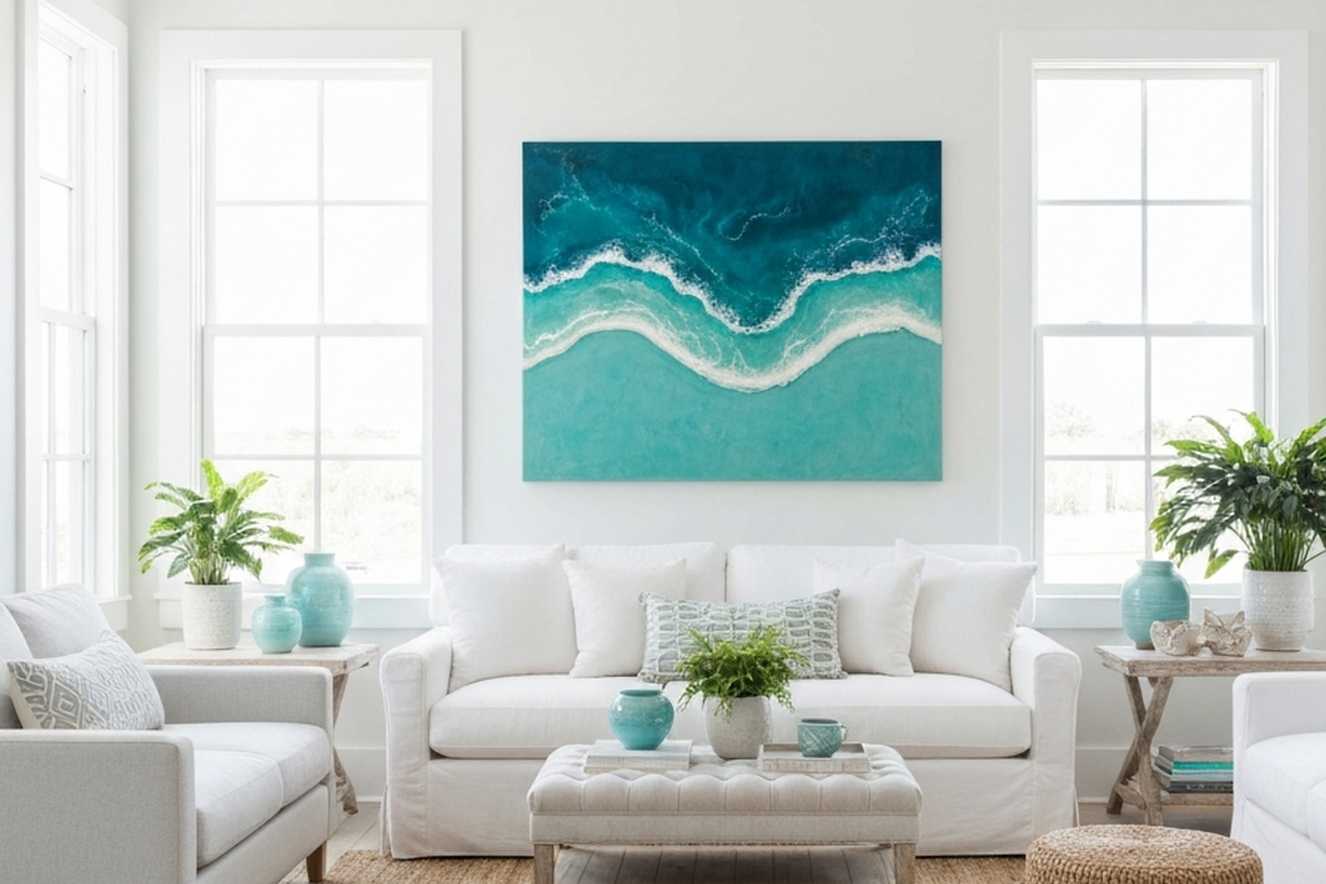 handmade resin wall art shown as large ocean-inspired resin wall art in a bright coastal living room above a sofa