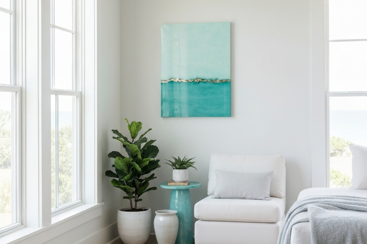 coastal room wall art shown as calm aqua resin wall art in a white coastal bedroom or reading corner
