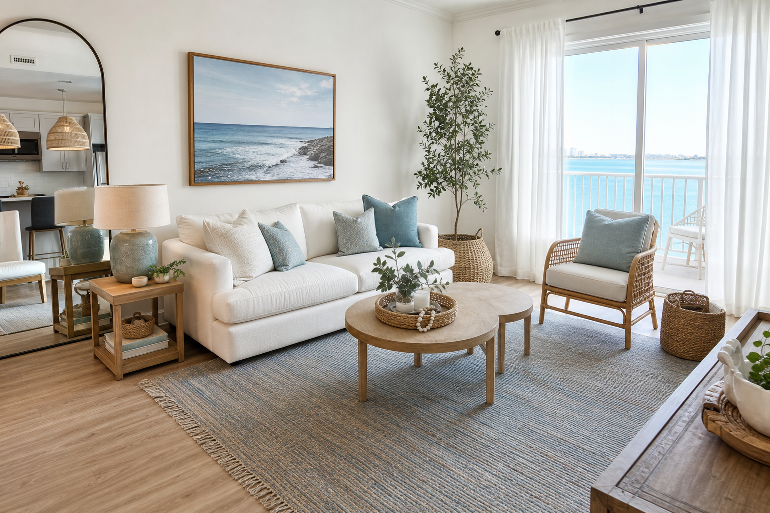 coffee table for white sofa shown in a bright coastal living room with Resin Society furniture and decor context