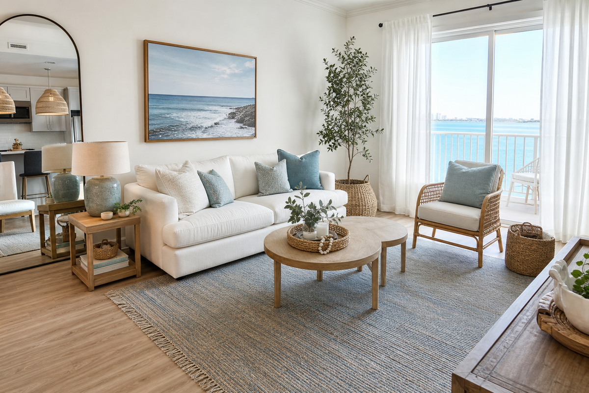 coffee table for white sofa shown in a bright coastal living room with Resin Society furniture and decor context