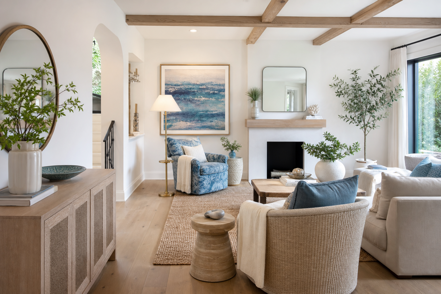 living room lamps mirrors art shown in a bright coastal living room with Resin Society furniture and decor context