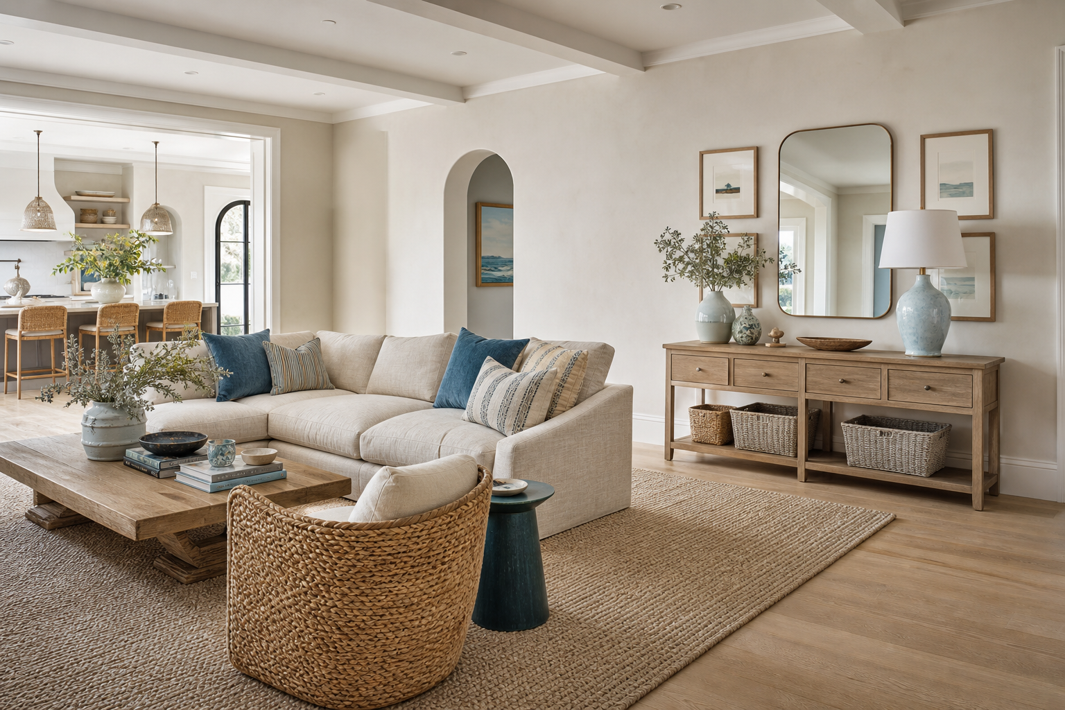 neutral living room ideas shown in a bright coastal living room with Resin Society furniture and decor context