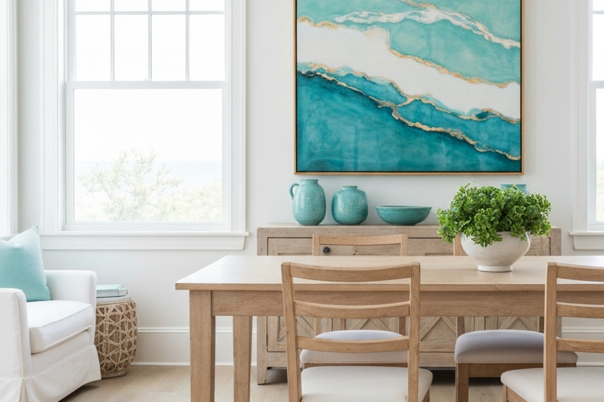 large wall art ideas shown as oversized abstract resin wall art in a bright coastal dining room with pale wood furniture