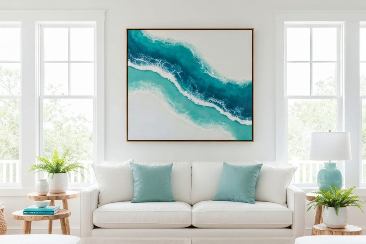 large wall art ideas shown as large ocean-inspired resin wall art in a bright coastal living room above a sofa