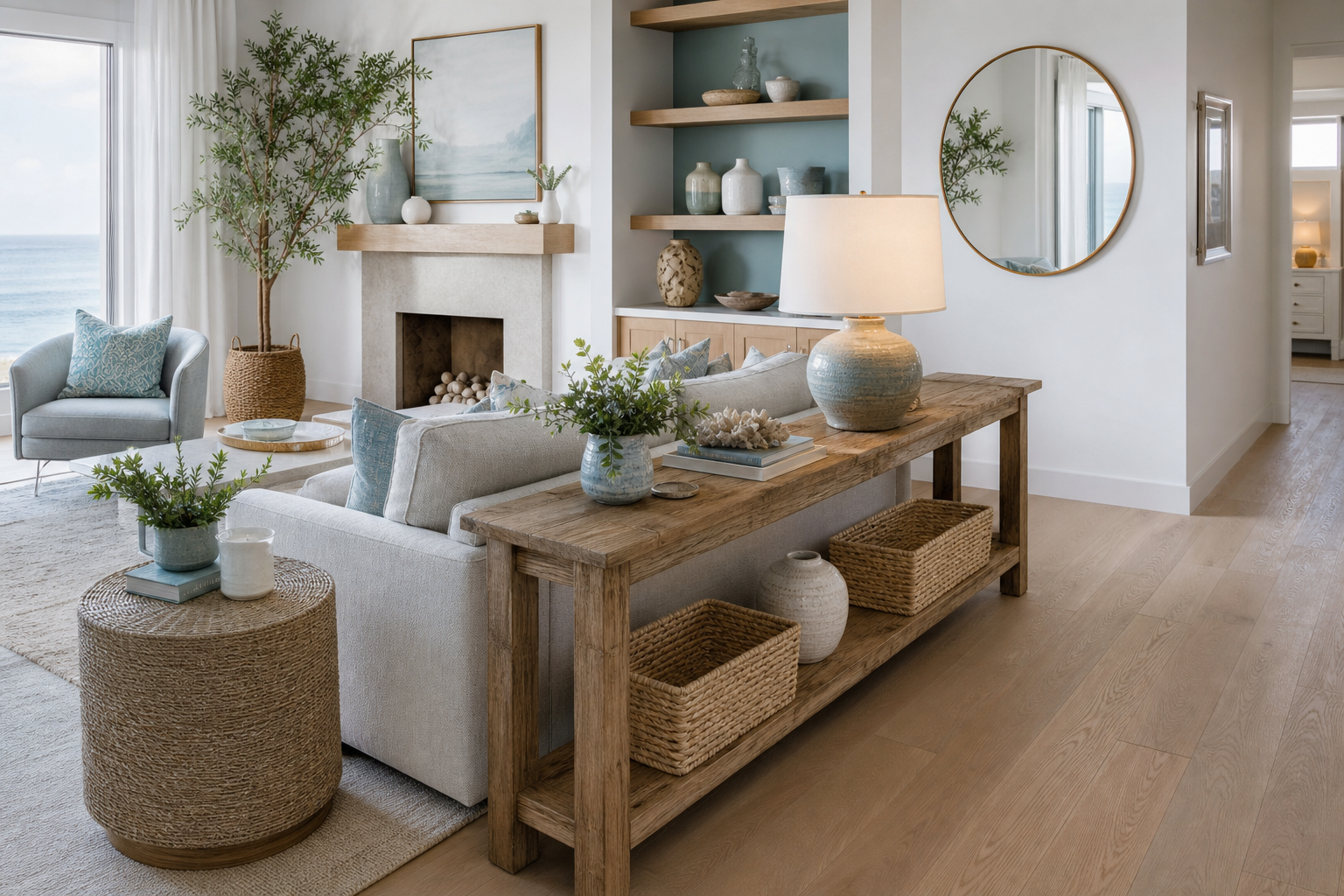 console table behind sofa shown in a bright coastal living room with Resin Society furniture and decor context
