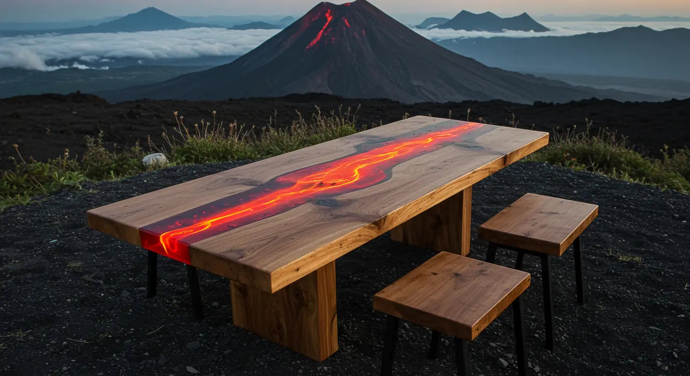 volcano orange epoxy and wood resin dining table outside with a volcano in the background 