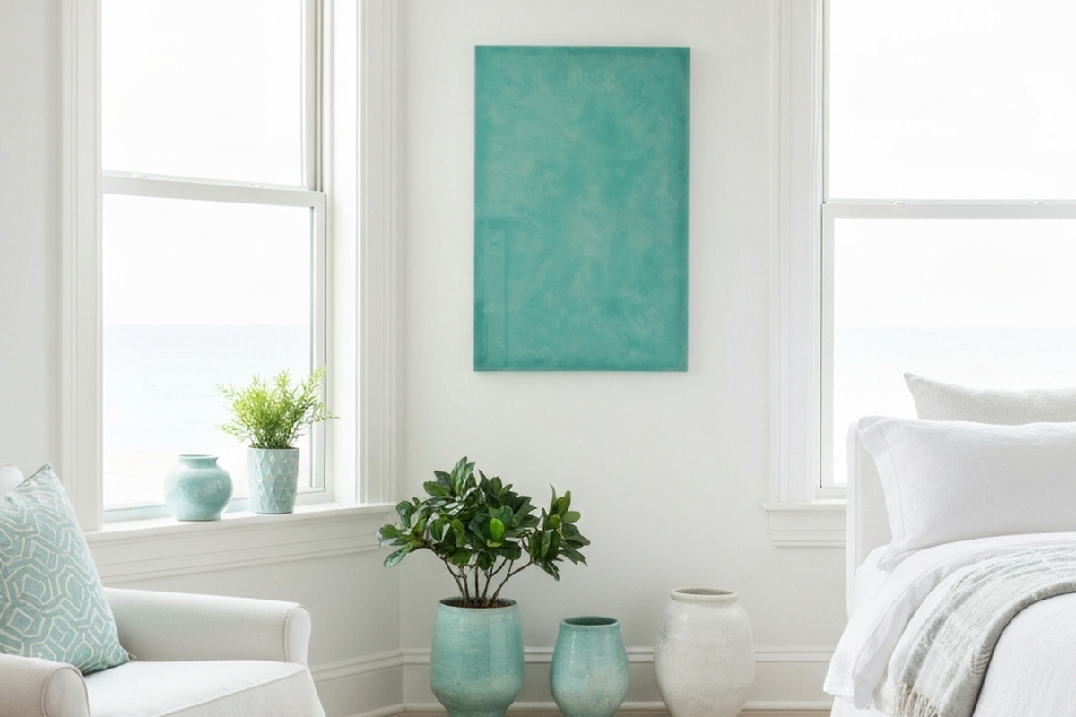 is resin wall art still popular shown as calm aqua resin wall art in a white coastal bedroom or reading corner
