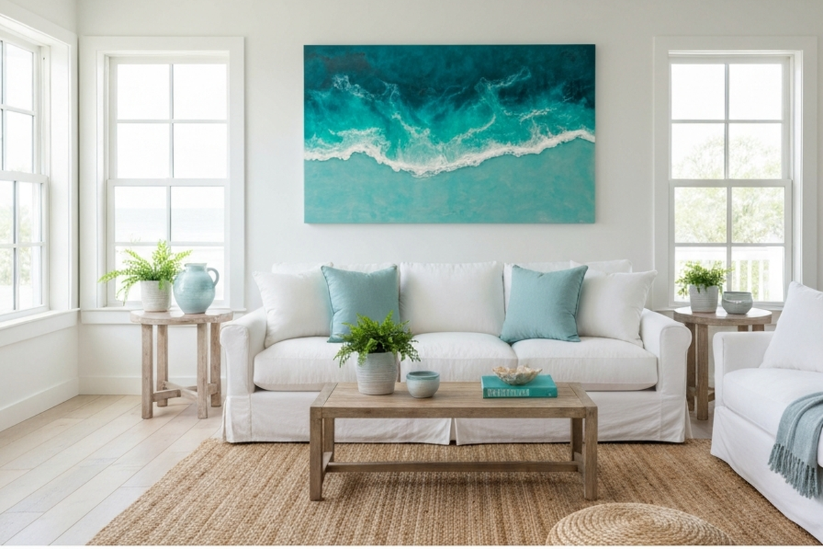 is resin wall art still popular shown as large ocean-inspired resin wall art in a bright coastal living room above a sofa