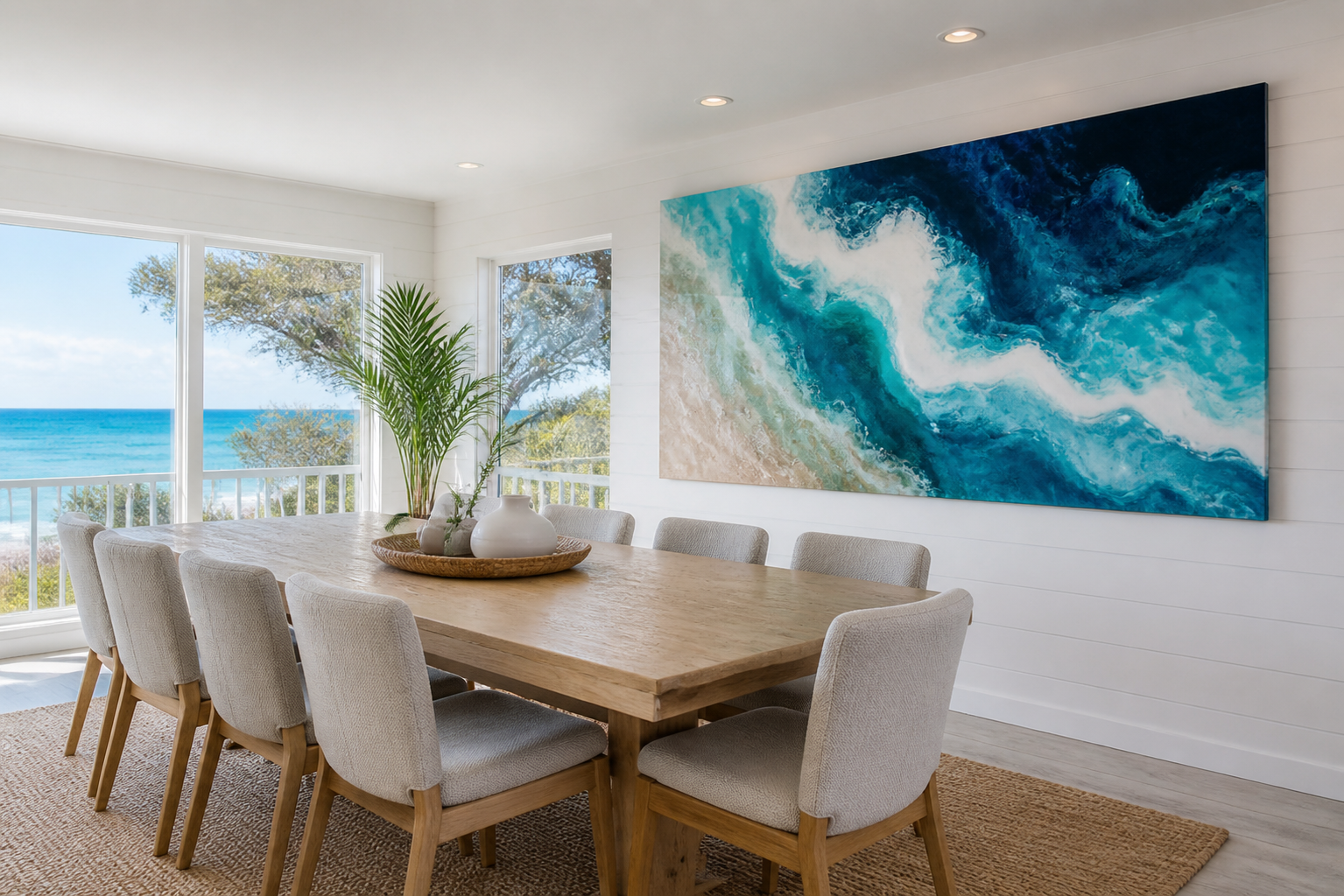 Oversized blue ocean resin wall art styled in a bright coastal dining room