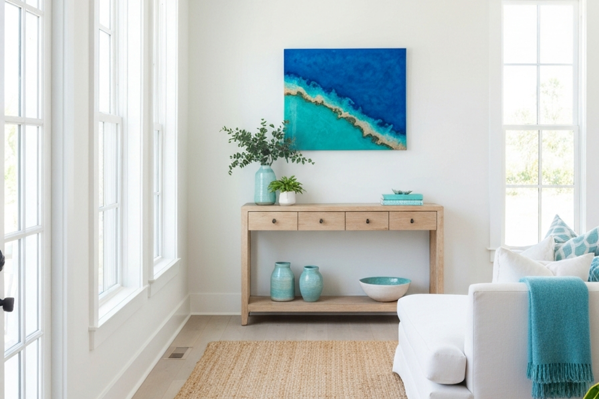 large resin wall art shown as blue resin wall art above a pale wood console in an airy coastal entryway