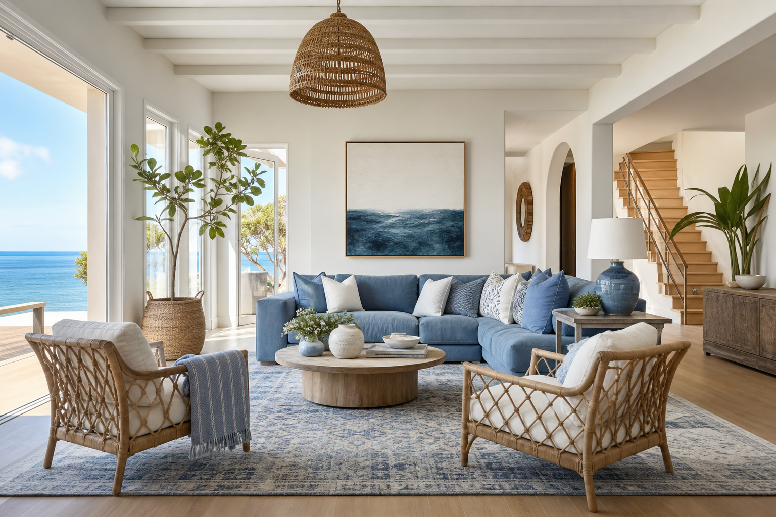 blue and white living room decor shown in a bright coastal living room with Resin Society furniture and decor context