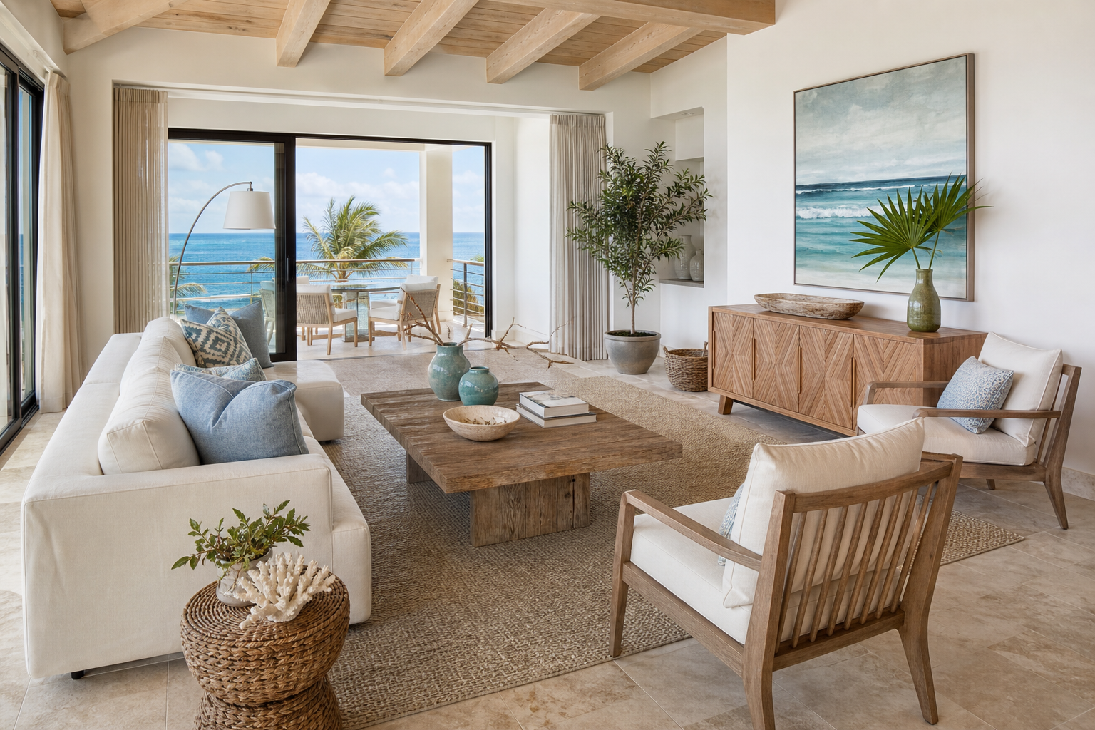 modern coastal living room shown in a bright coastal living room with Resin Society furniture and decor context