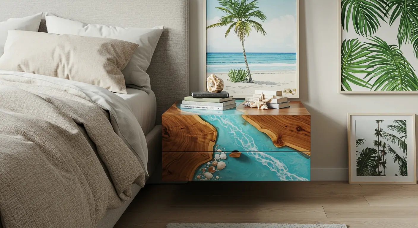 coastal modern bedroom with a floating walnut resin nightstand featuring a soft blue resin river and embedded seashells
