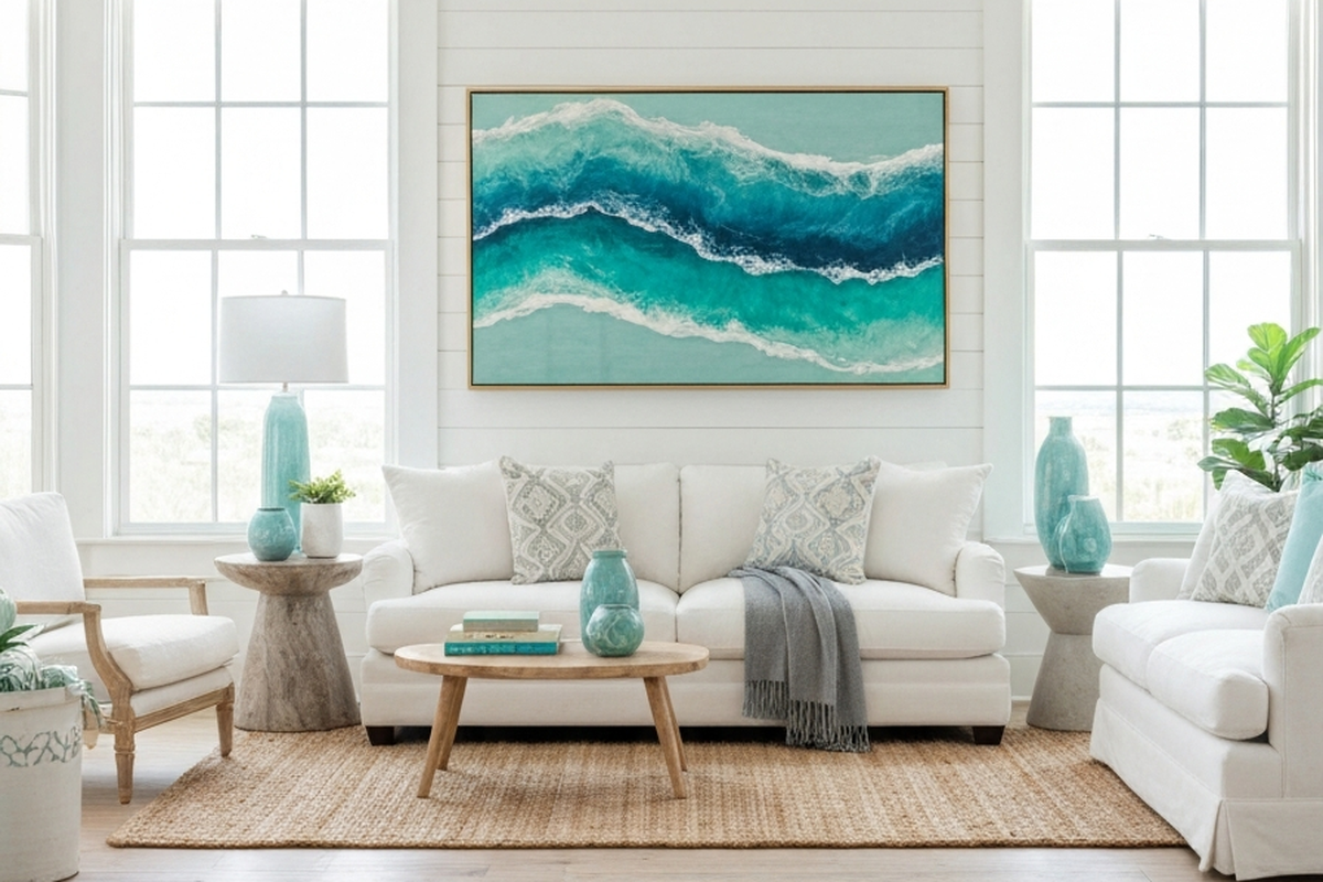resin art for living room shown as large ocean-inspired resin wall art in a bright coastal living room above a sofa