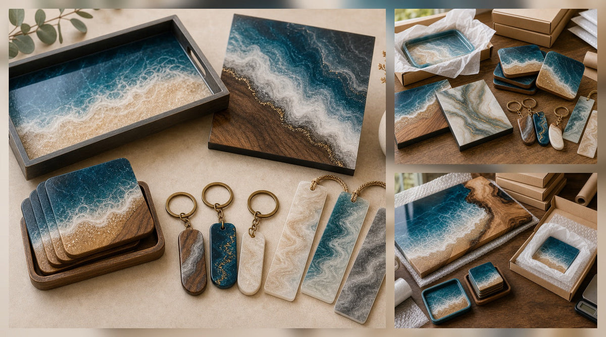 Resin Business Ideas for Makers Who Want Products That Ship Well hero image for a Resin Society guide with realistic resin, epoxy, wood, tools, or finished project details.