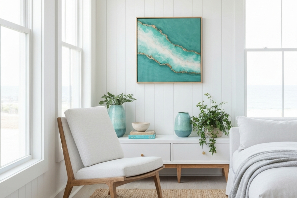 beach house resin wall art shown as calm aqua resin wall art in a white coastal bedroom or reading corner