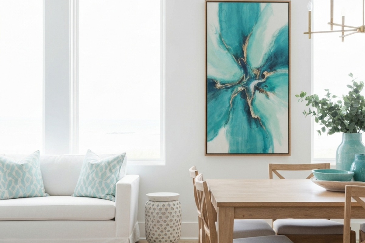 resin wall art dining room shown as oversized abstract resin wall art in a bright coastal dining room with pale wood furniture