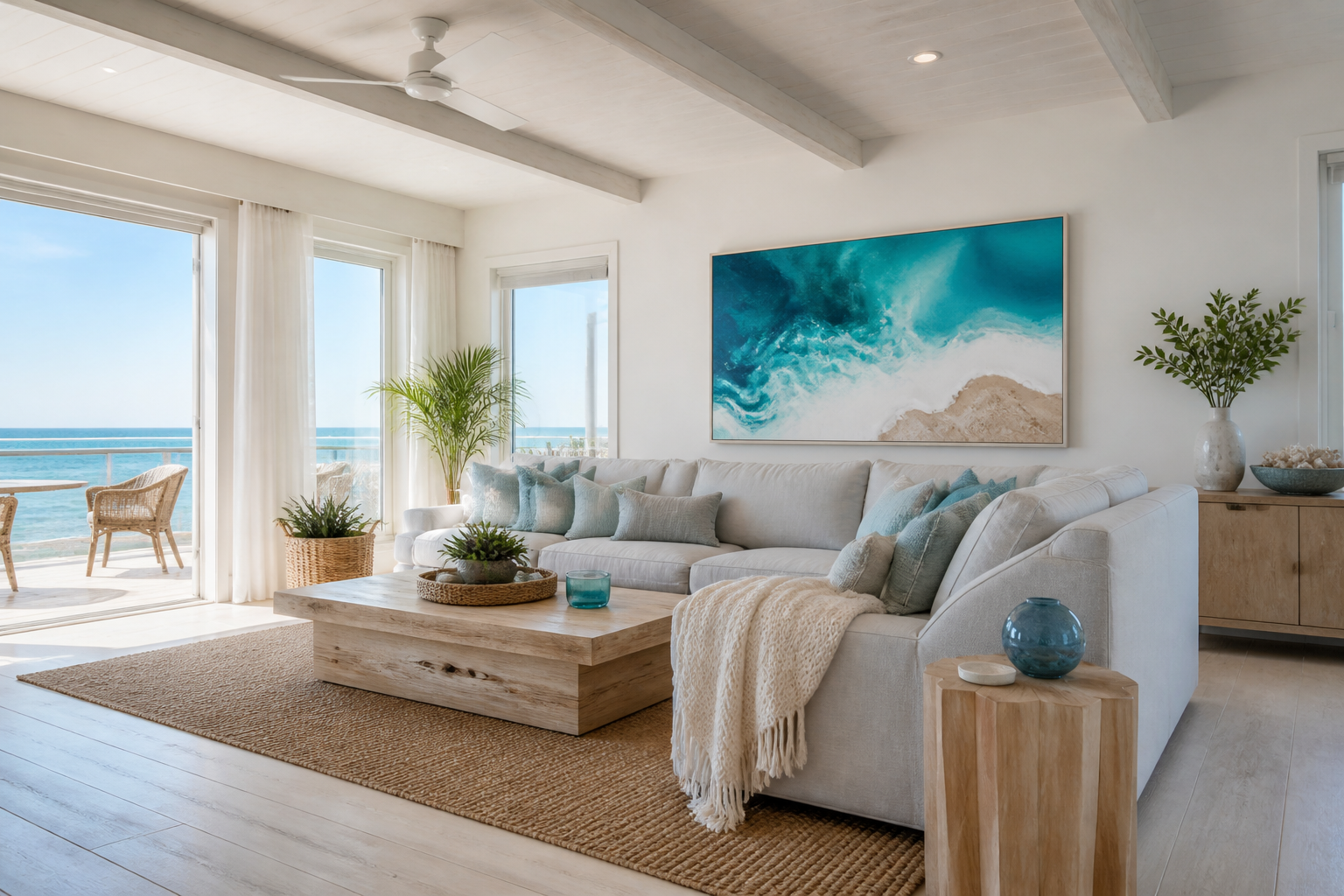 Large ocean-inspired resin wall art above a white sofa in a bright coastal living room