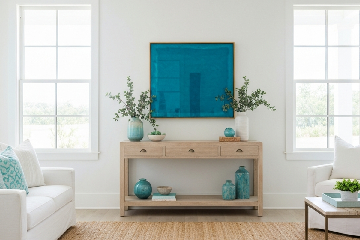 resin wall decor mistakes shown as blue resin wall art above a pale wood console in an airy coastal entryway