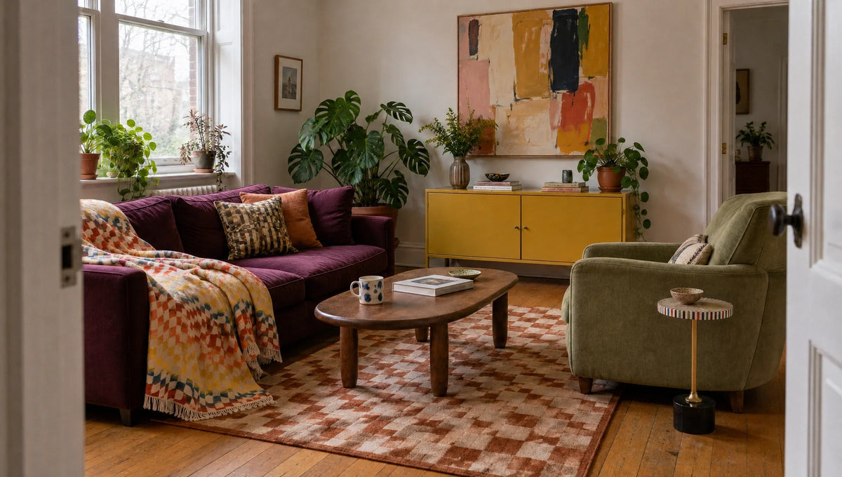 Plum sofa and sage chair in a pale-walled living room with a colorful throw and a small striped drinks table.