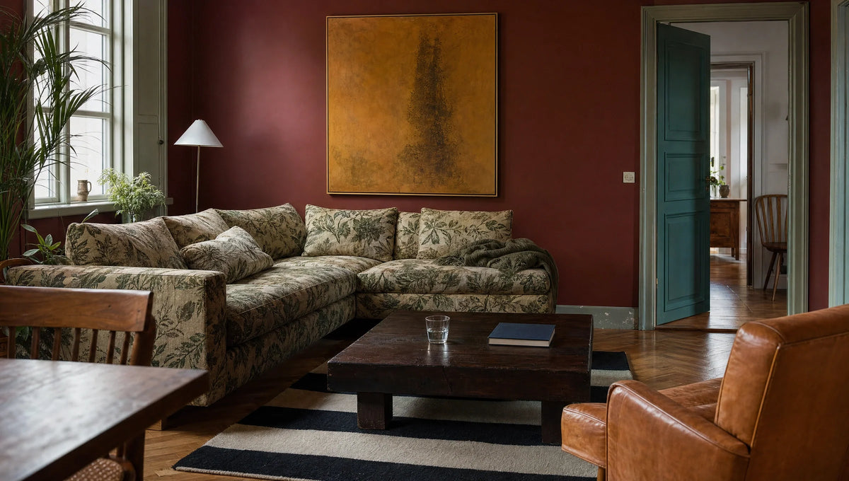 Botanical sofa, oxblood walls and a broad striped rug around a mostly clear wooden coffee table.