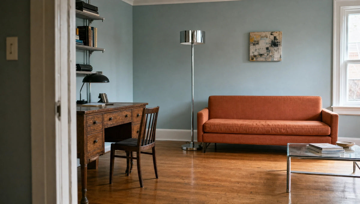 Spare living room mixing a rust sofa, traditional writing desk and chrome lighting against pale blue walls.