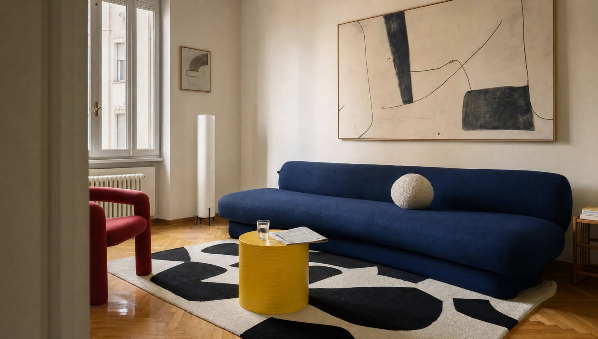 Cobalt seating, a red tubular chair and yellow side table in a contemporary geometric living room.