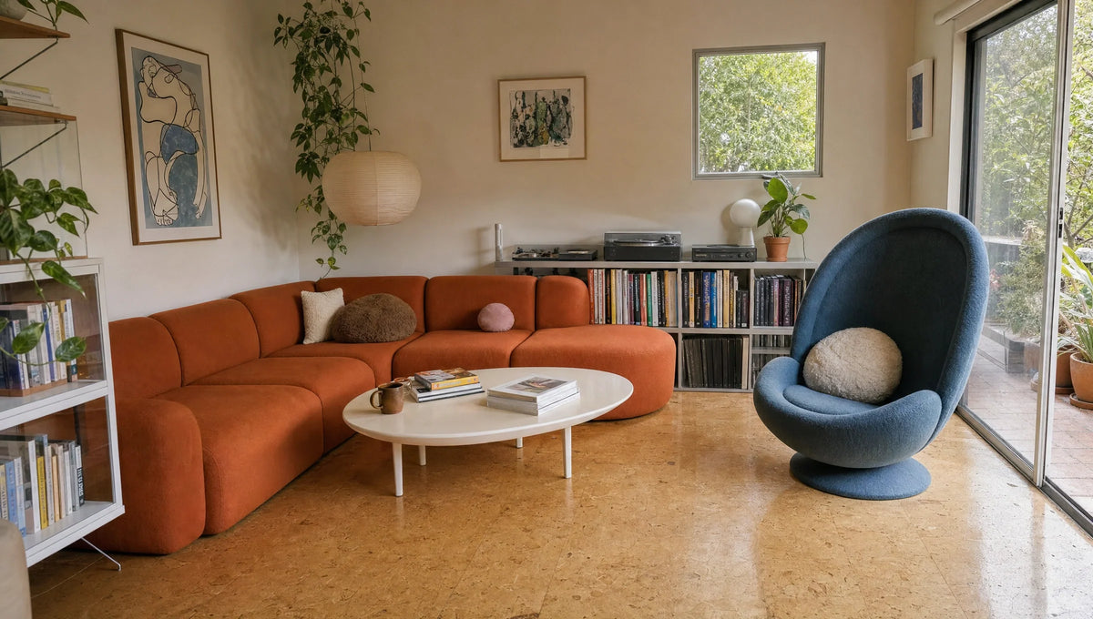 Rounded furniture proposes another way to occupy an ordinary living room.