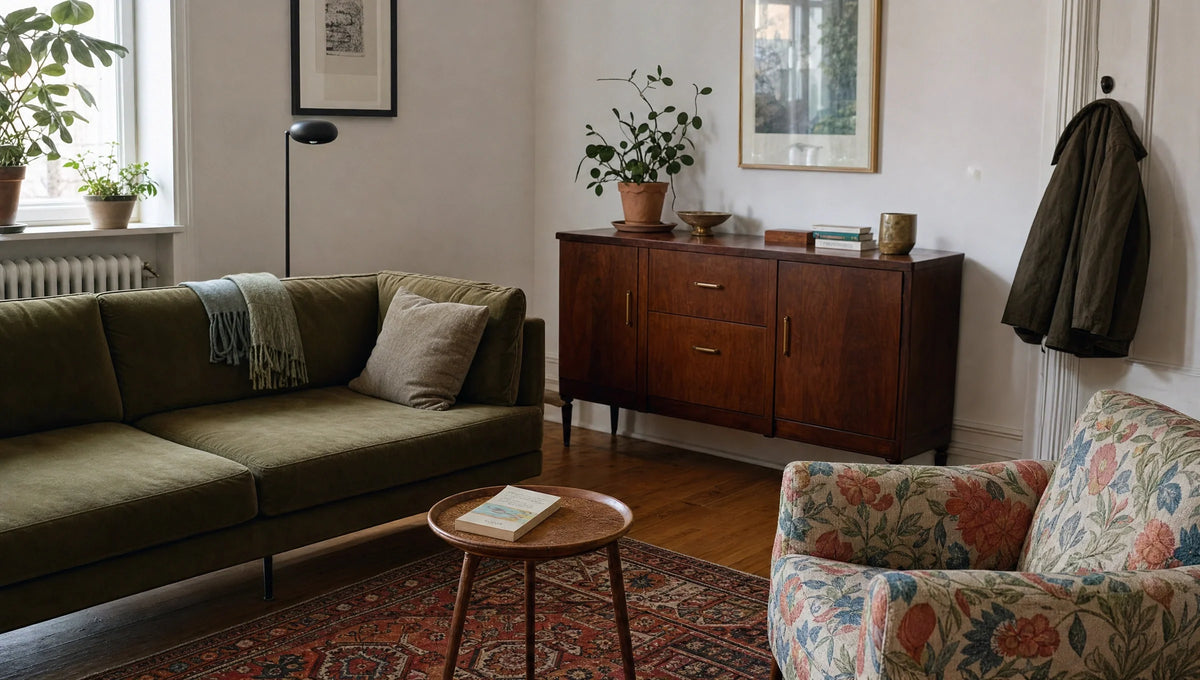 Different patterns and ordinary furniture can share a lived-in room.