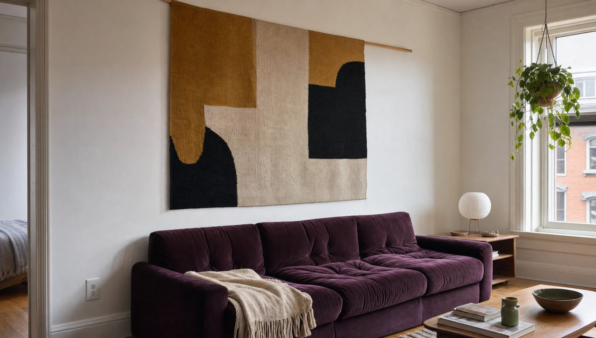 An original woven composition occupies the wall as an artwork.