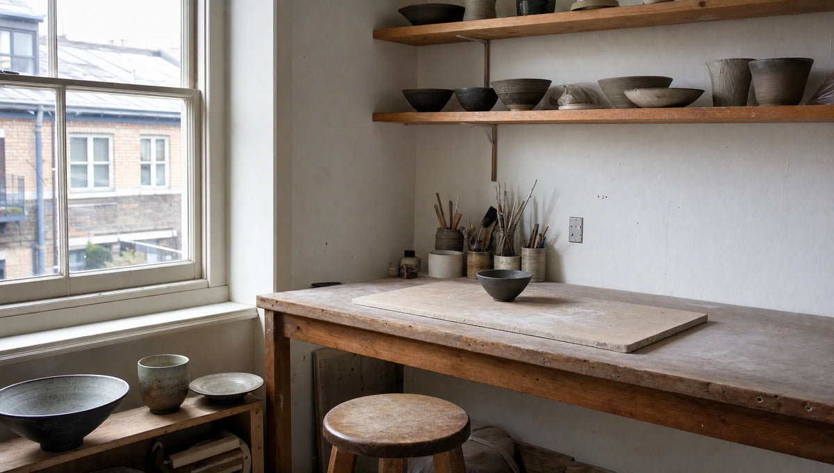 A modest urban workspace puts vessels and their profiles at the center.