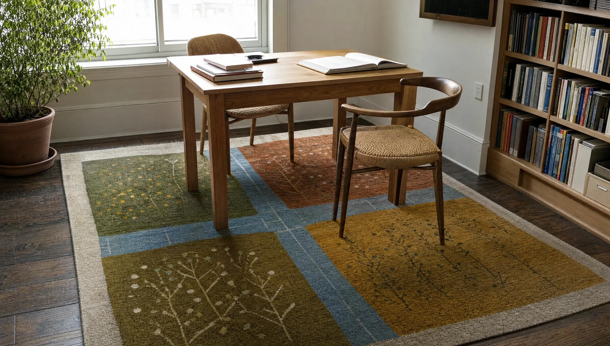 A contemporary illustration explores the idea of a garden plan underfoot.