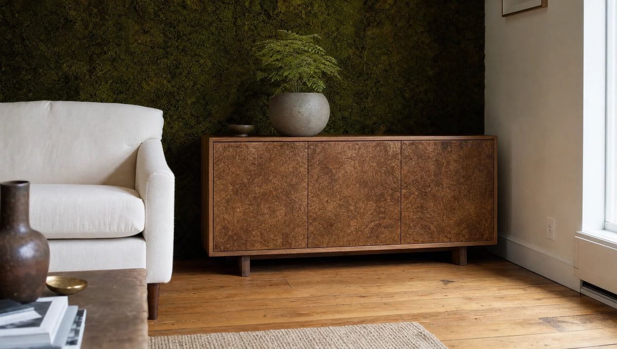 Figured wood gives a quiet cabinet a complex surface.