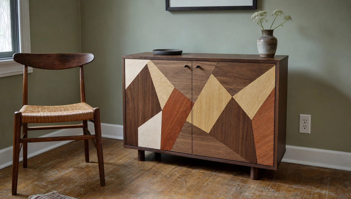 An assembled wood image can make the cabinet itself the focal point.