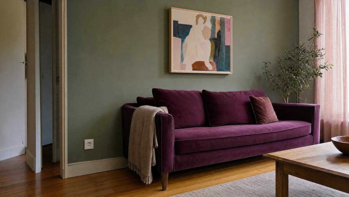 Wall, textile and wood establish a color context together.