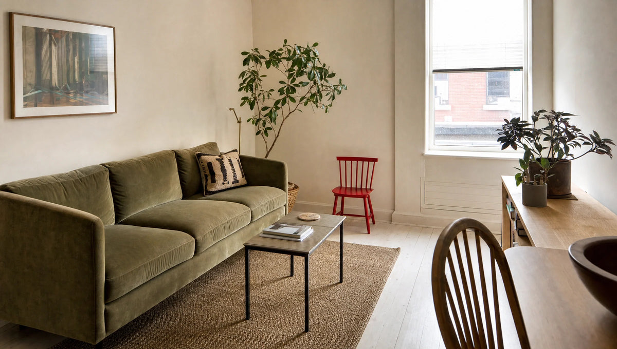 A single red object interrupts an otherwise restrained room.