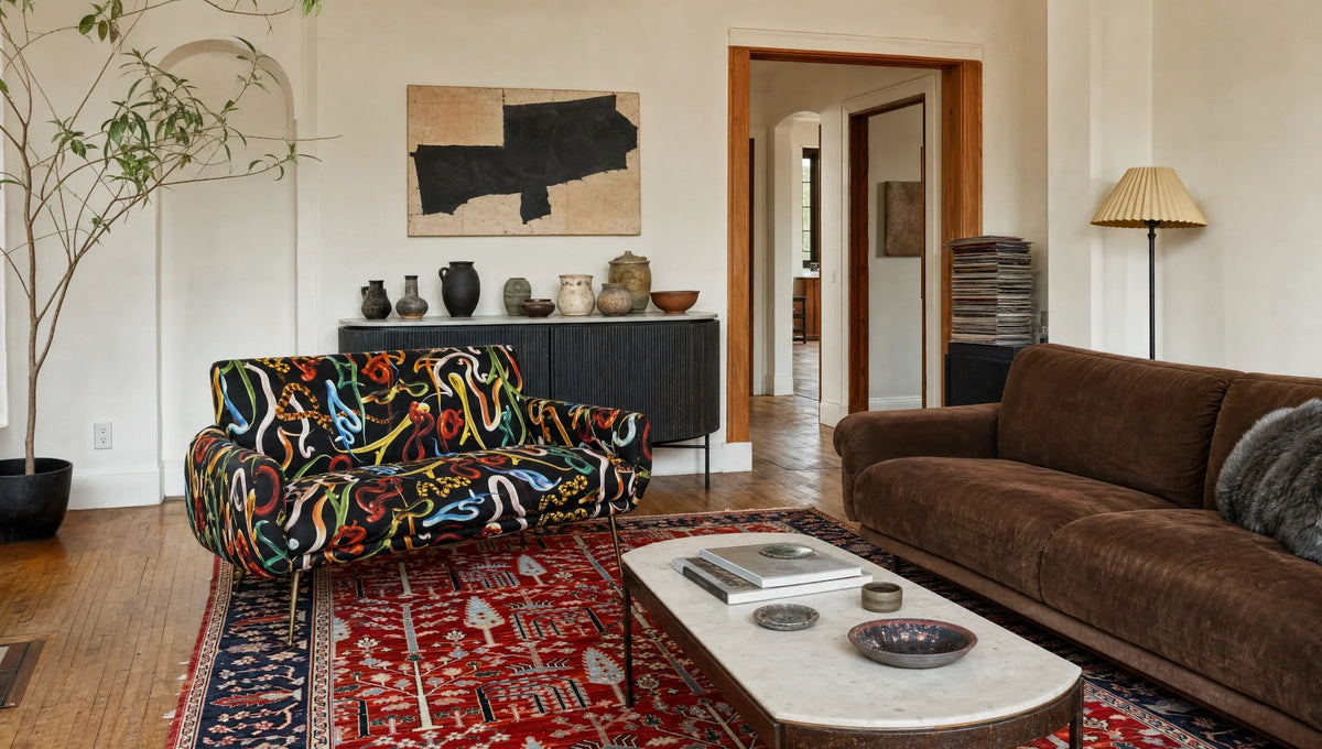 Living room with a colorful snake-patterned armchair, dark brown sofa with gray pillow, marble-topped coffee table, red patterned rug, and pottery on a black sideboard under abstract wall art.