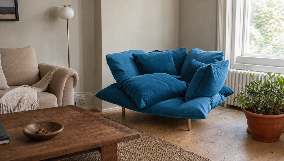 A bright blue cushioned armchair with multiple large pillows sits on a wooden floor near a window, accompanied by a beige sofa with a throw blanket, a rustic wooden coffee table, and an orange terracotta plant pot with greenery.